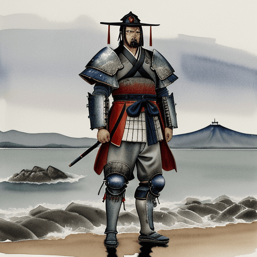 AI generated: water color painting of Shogun on a dreary gloomy beach depressed and angry on the bay of japan, Tra...