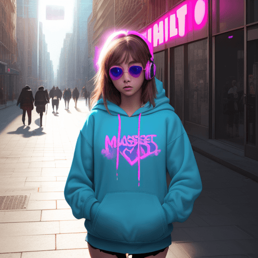 AI generated: masterpiece, girl alone, solo, incredibly absurd, hoodie, headphones, street, outdoor, sunshine, neo...