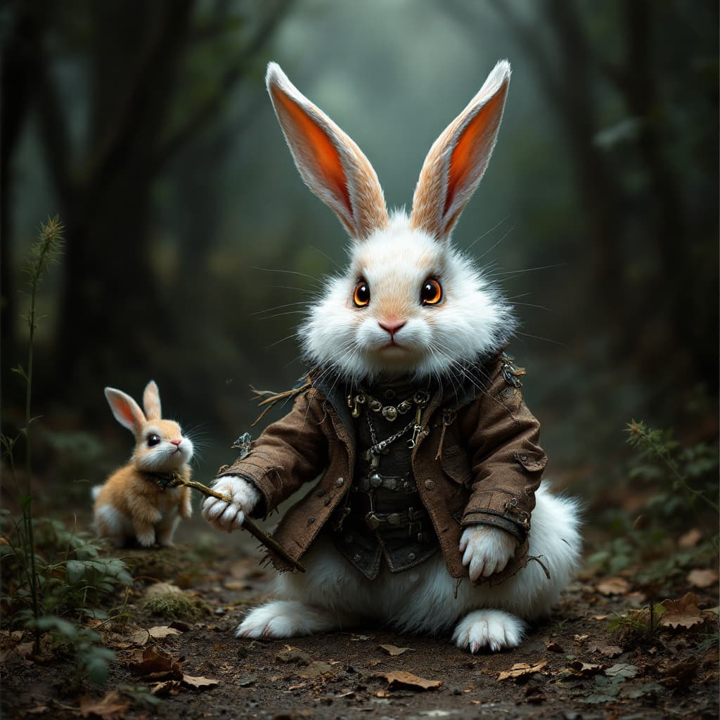 AI generated: generiere mir ein bad bunny 
das mit anderen kaninchen um einen löwenzahn streitet aber es soll stär...