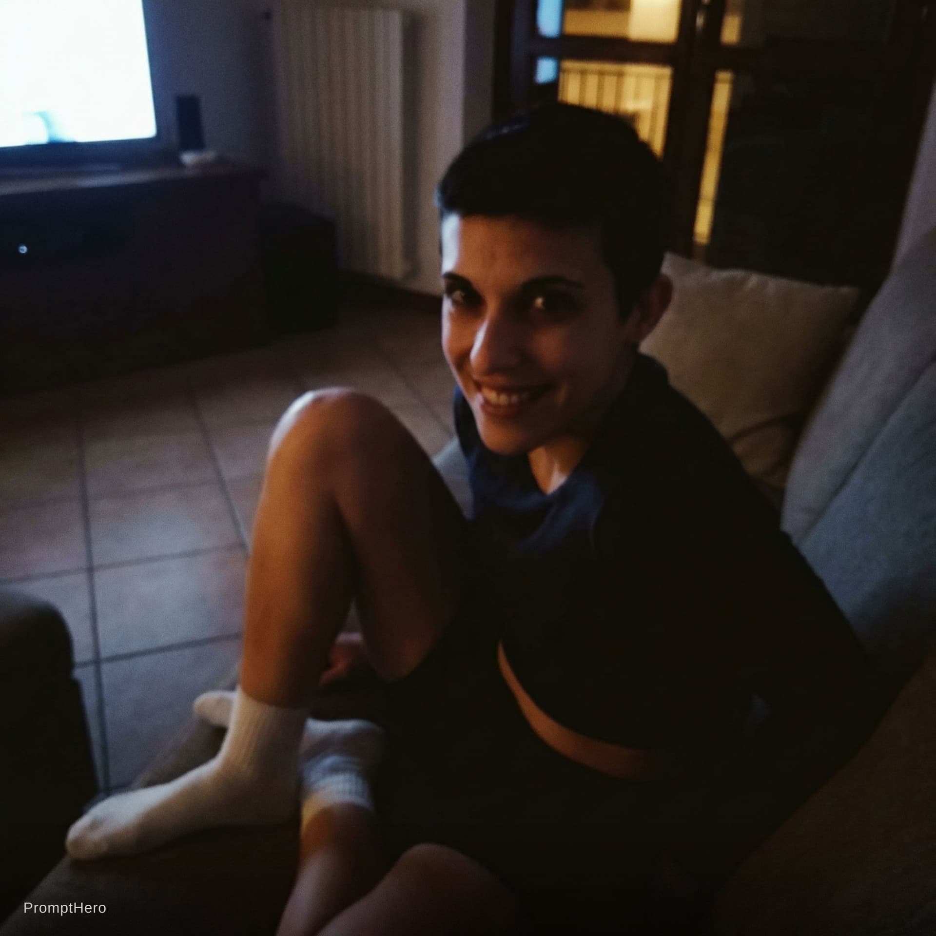 AI generated: Romantic point of view looking at me,a sloppy snapshot. on a couch at night teasing(no lights), home...