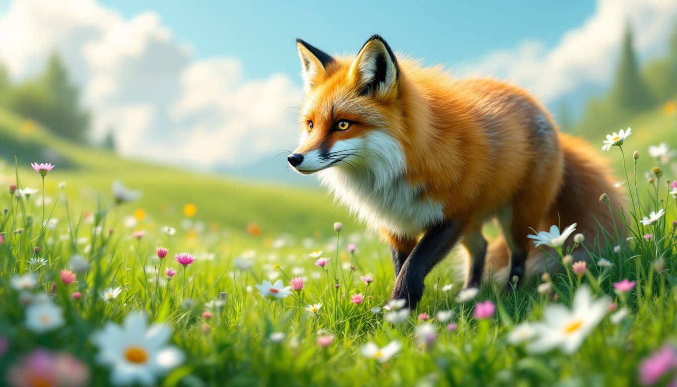 AI generated: In a serene and vibrant meadow landscape, a majestic nine-tailed fox emerges from the lush green gra...