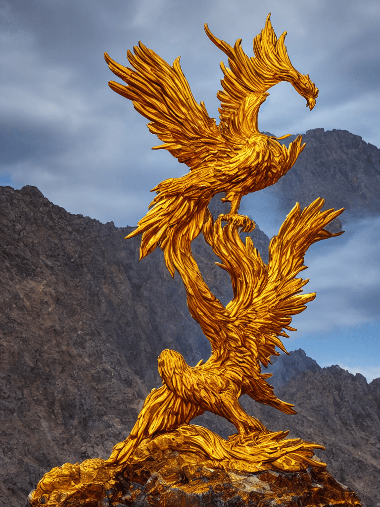 AI generated: A majestic phoenix with vibrant plumage, its fiery wings spread wide, golden feathers illuminating a...
