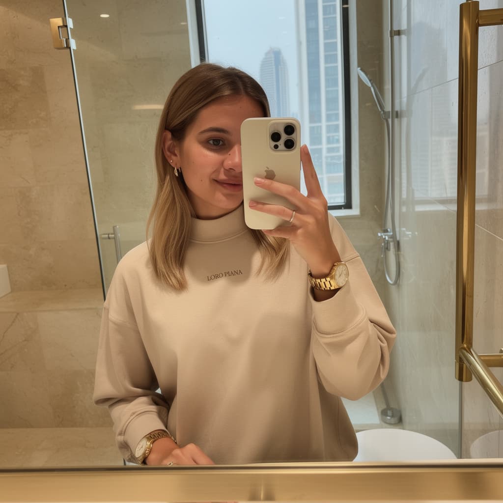 AI generated: Create an ultra-photorealistic horizontal (landscape) mirror selfie of a young adult woman (mid-20s)...
