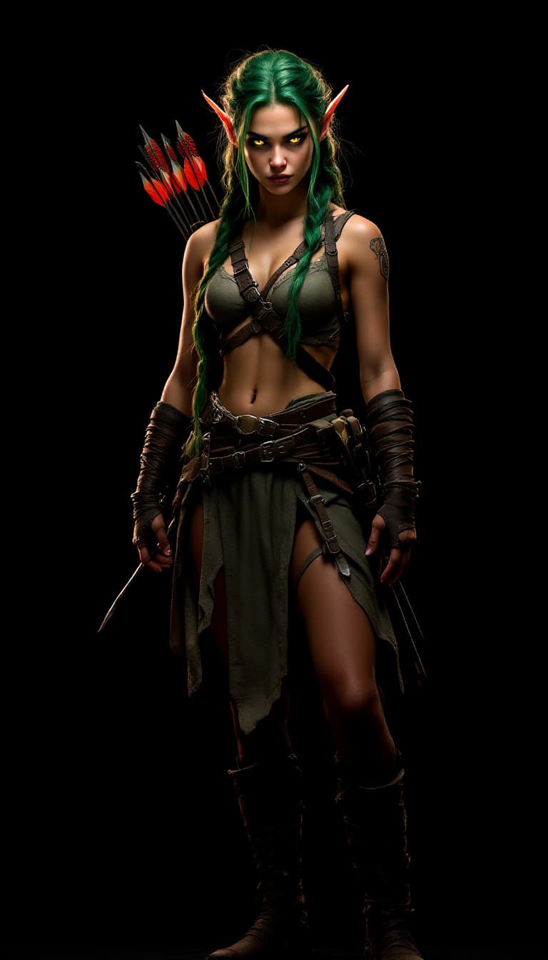 AI generated:  A young elf woman stands with intent, her long legs and braided forest green hair creating a striki...
