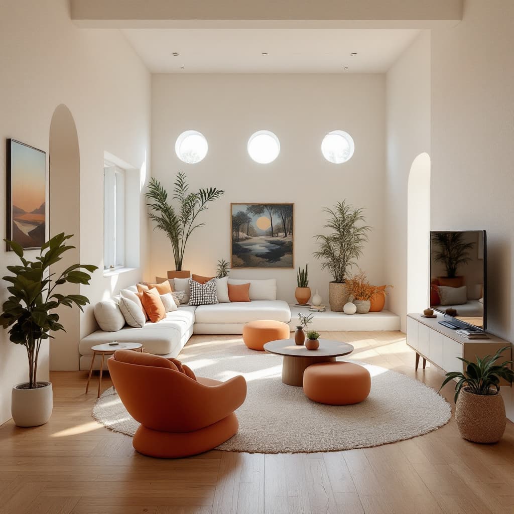 AI generated: High resolution photography interior design, dreamy sunken living room conversation pit, wooden floo...