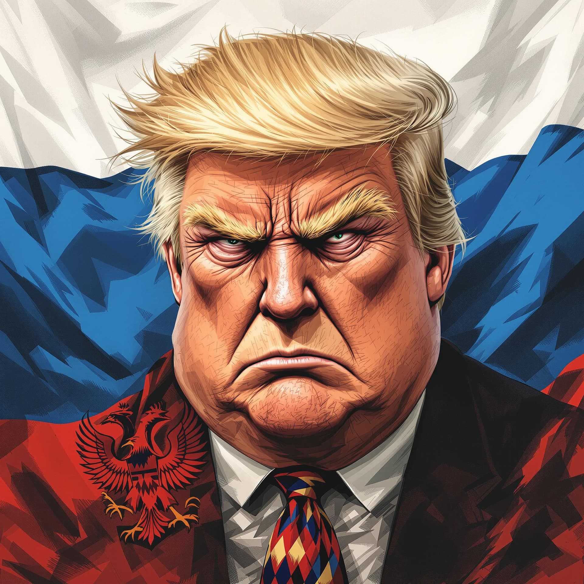 AI generated: Caricature of Donald Trump,,angry view,intricate details, Russian tricolor, double-headed eagle
