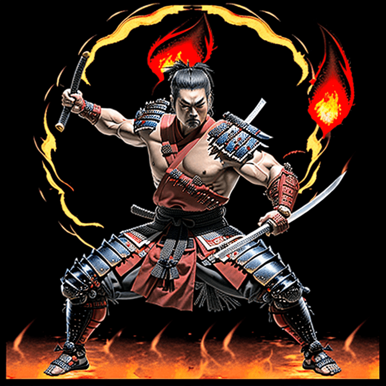 AI generated:  depicts a muscular, armored samurai warrior in a dynamic pose, holding a katana, and surrounded by ...