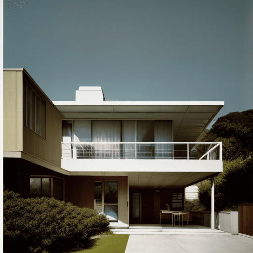 AI generated: Hyper realistic eye level exterior photo of a mid century modern style house overlooking the ocean, ...
