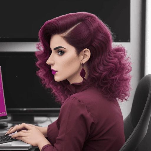 AI generated: mujer con rulos de color vino tinto oscuro, de perfil, trabajando con computadora, profesional y del...