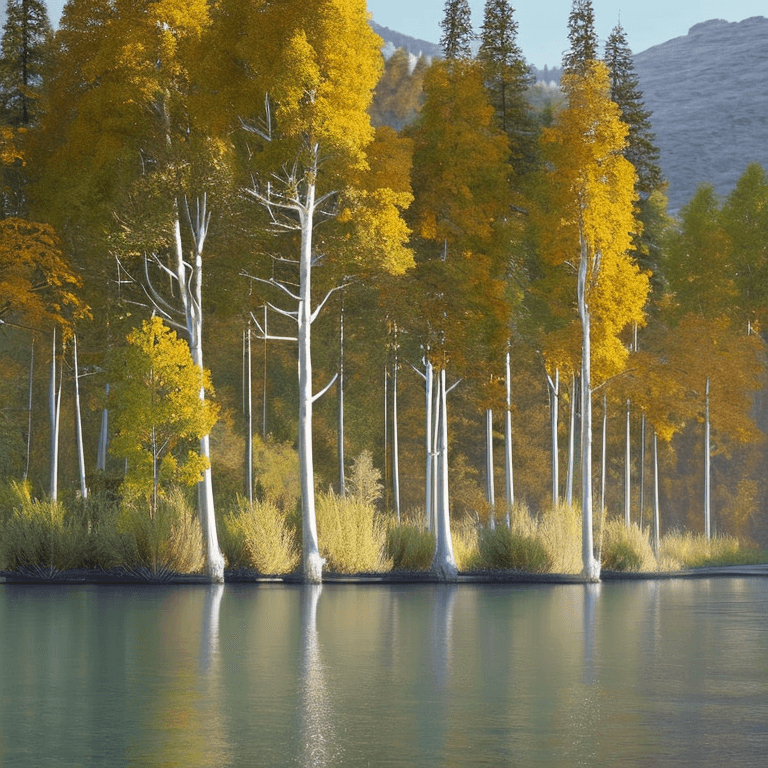 AI generated: photorealistic oil on canvas, 
trees by a river and hill, solid trunks
beautiful setting, fall
Foreg...