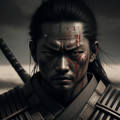 AI generated: Samurai looks at the enemy, stands after the battle, fear and horror on his face, tired and beaten, ...
