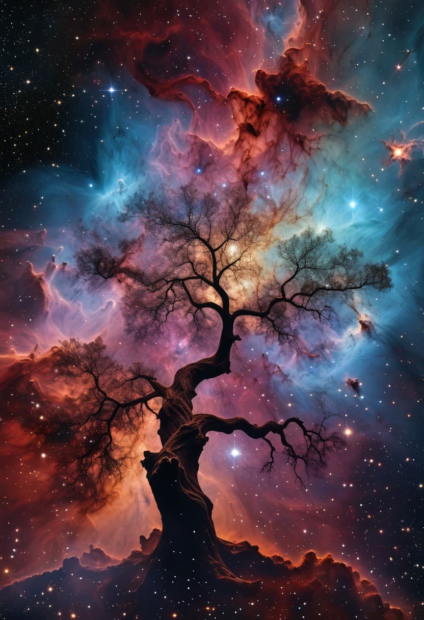 AI generated: A nebula in space resembling a tree. An intricate star field stretches out like threads against the ...