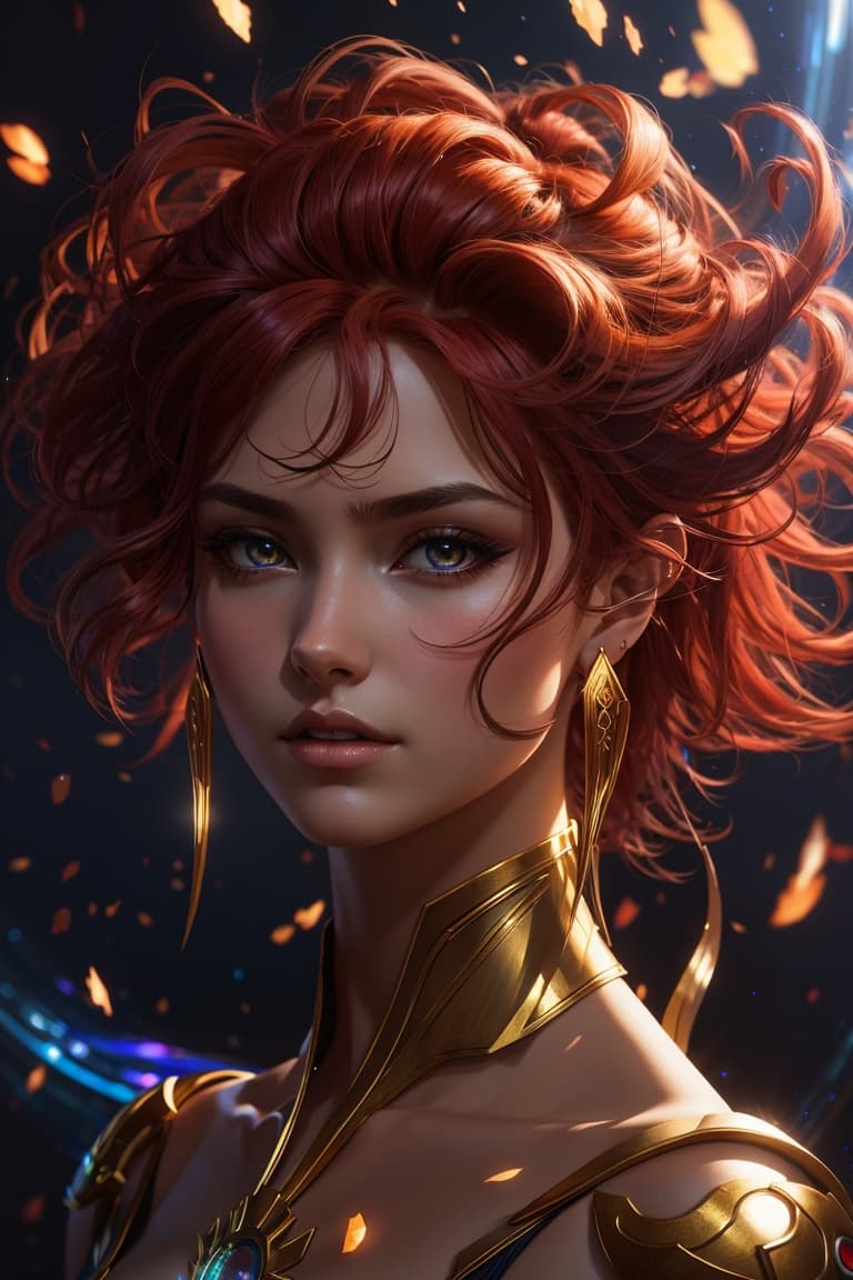 AI generated: a full photo of jane,godess of dark elves x-men dark phoenix, red hair and gold eyes, ultra realisti...