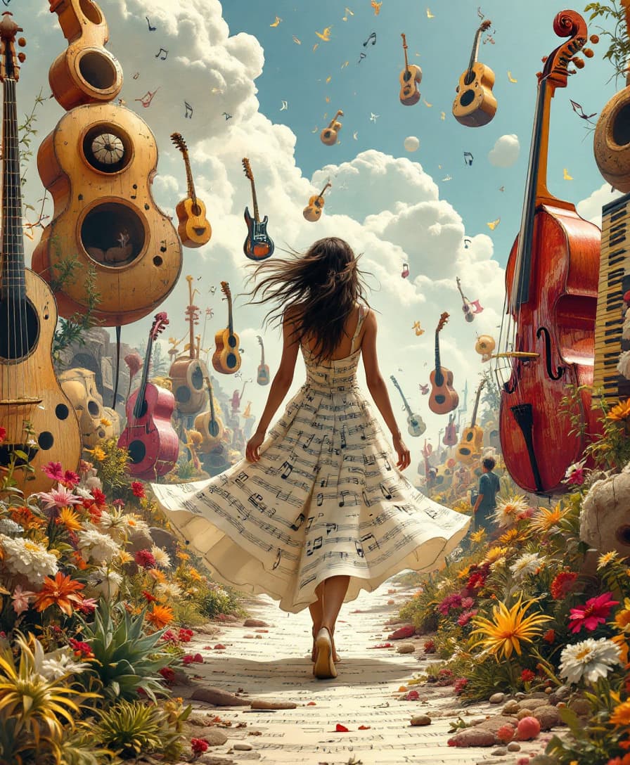 AI generated: A whimsical, full-body scene of a woman walking through a landscape made of giant, floating musical ...