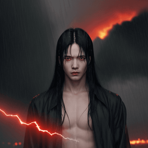 AI generated: anime::2,  god, Boss, in a rainstorm, thunders in background, scary, 4k, insane, red eyes, flame in ...