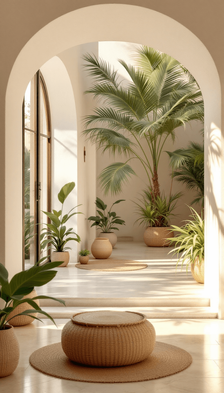 AI generated: photo of a gorgeous sunlit indoor patio of a spanish finca, mallorca, tropical, palmtrees, summertim...