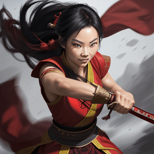AI generated: A picture of a fearless warrior holding a sword, Disney Mulan reference, fierce and determined smile...