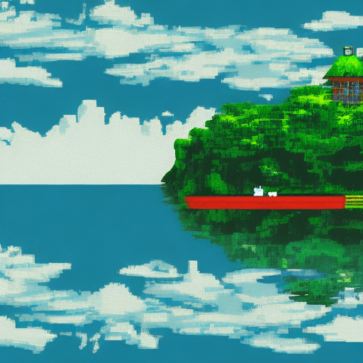AI generated: 
16 bit pixel art, epic composition of a explorer in a boat reaching an island in the clouds, by stu...