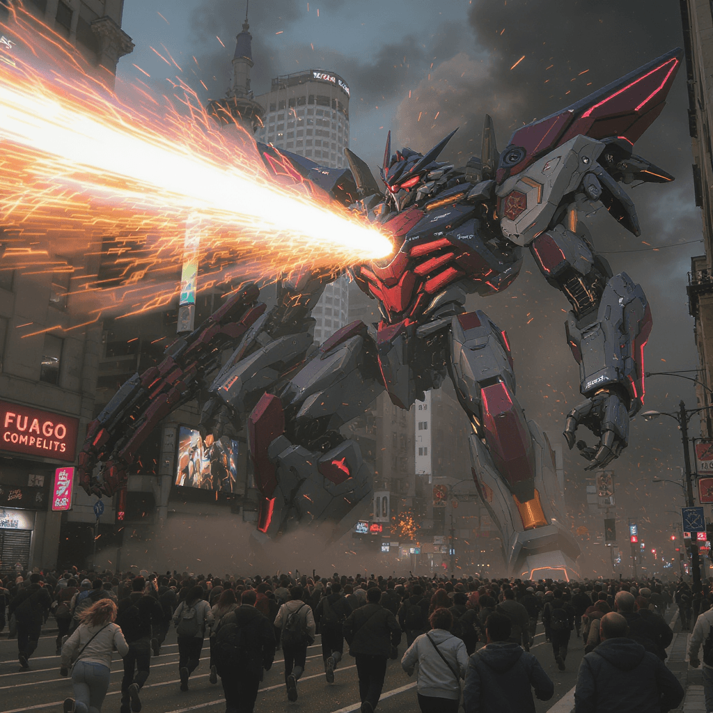 AI generated: huge giant massive mechanical ominous futuristic cybernetic evangelion mecha firing a huge wide lase...