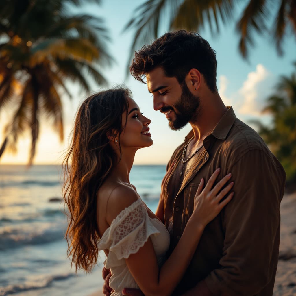 AI generated: Photo of a ultra realistic couple on the beach, sea and palm trees background, cinematic lighting, l...