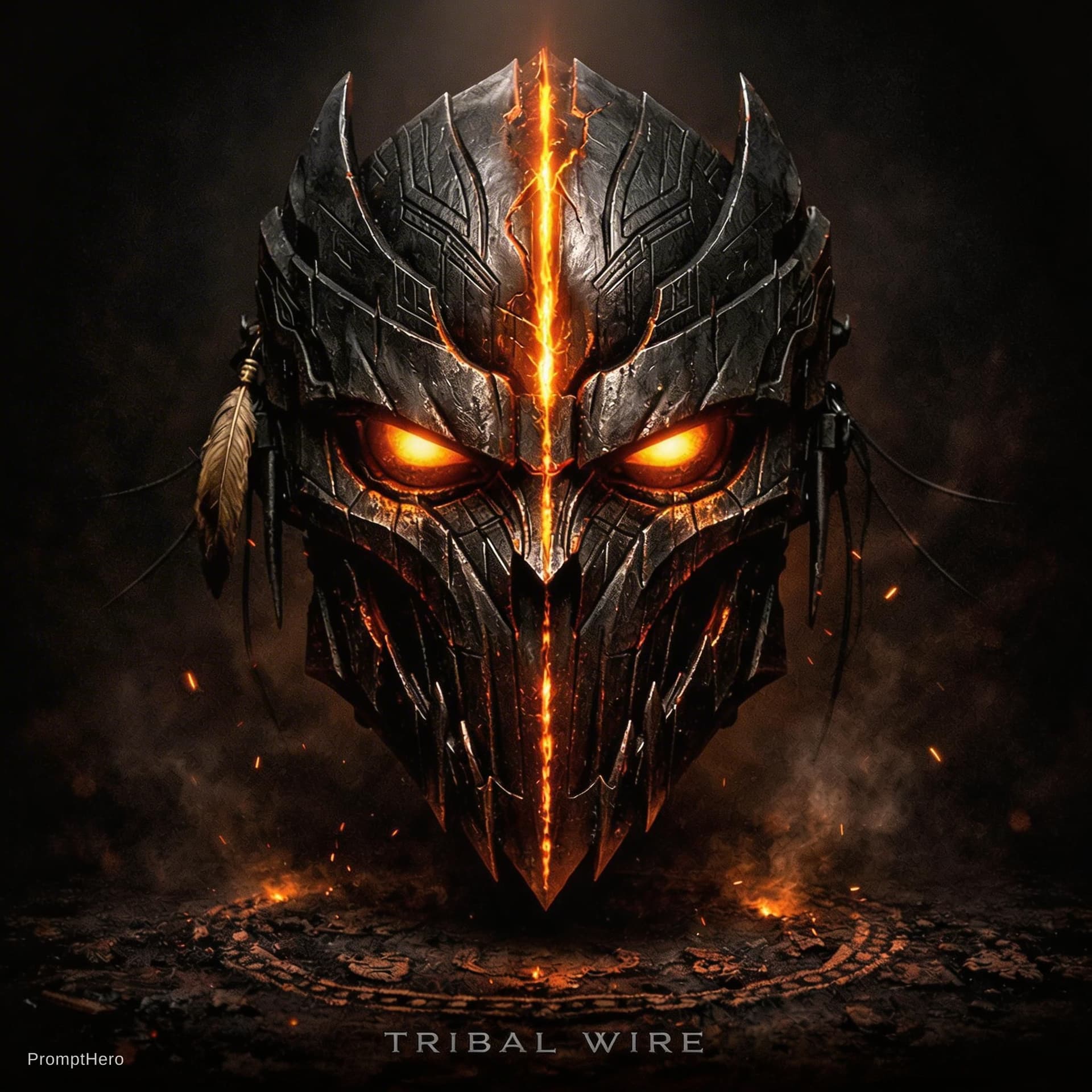 AI generated: A hyper-detailed cinematic album cover featuring a vertically dominant tribal metal mask as the cent...