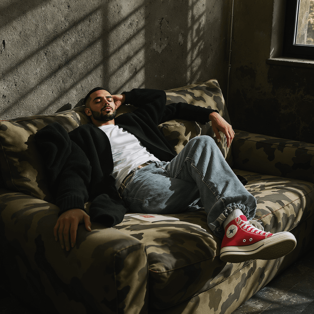 AI generated: photography, magazine cover,  Extreme Long Shot, tilt shot, male model lounging on a worn camouflage...