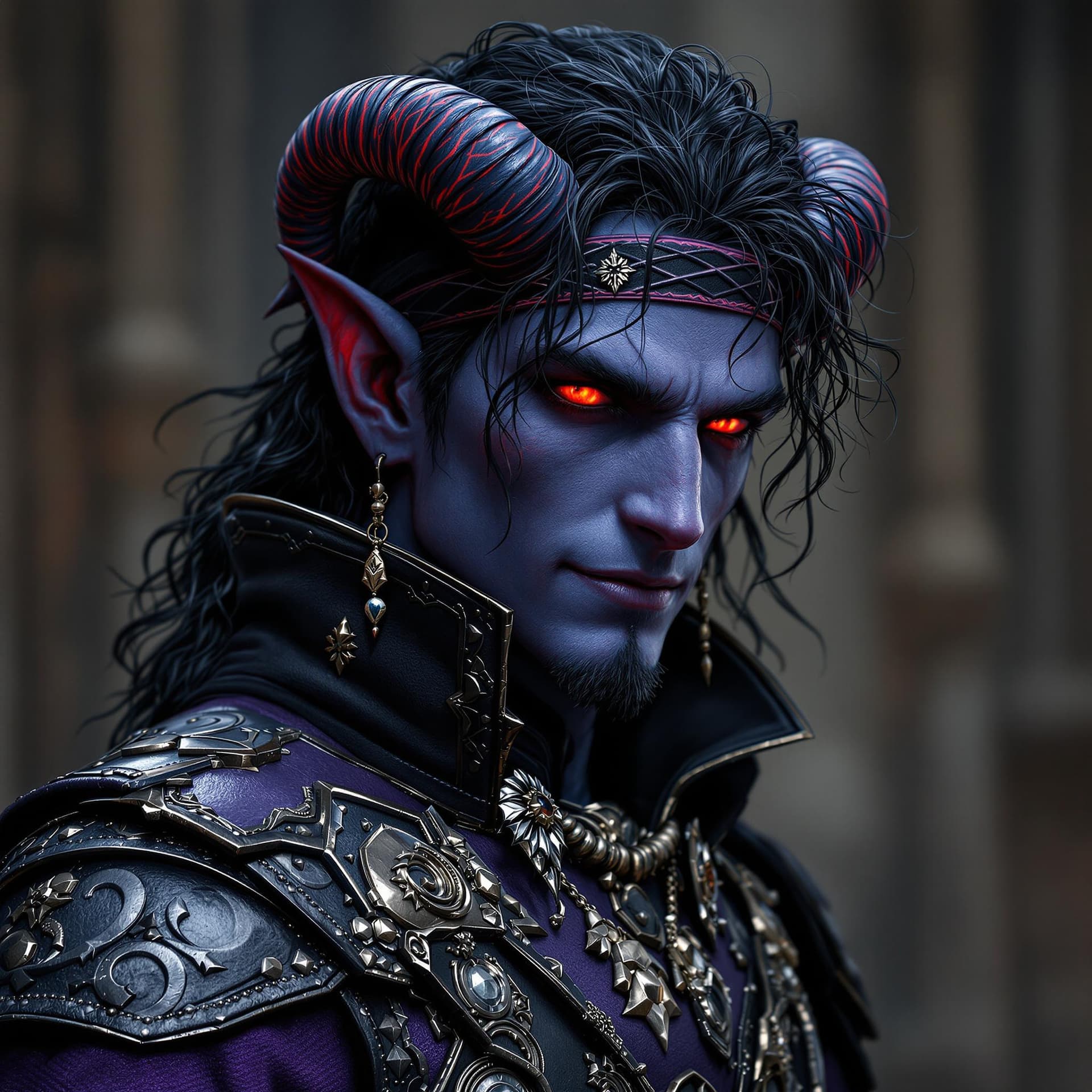 AI generated: ultra realistic male thief, violet leather armor!!! long curly dark hair!! blue skin tiefling with r...