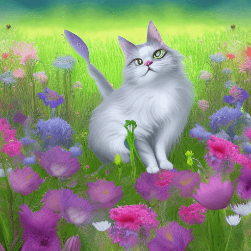 AI generated: An ethereal fairy cat surrounded by a field of magical flowers