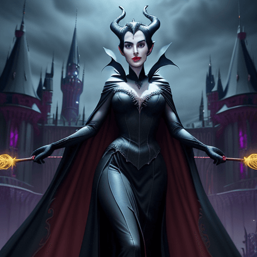 AI generated: spell motion capture of Maleficent disney character, a real beautiful elegance woman with glowing ye...