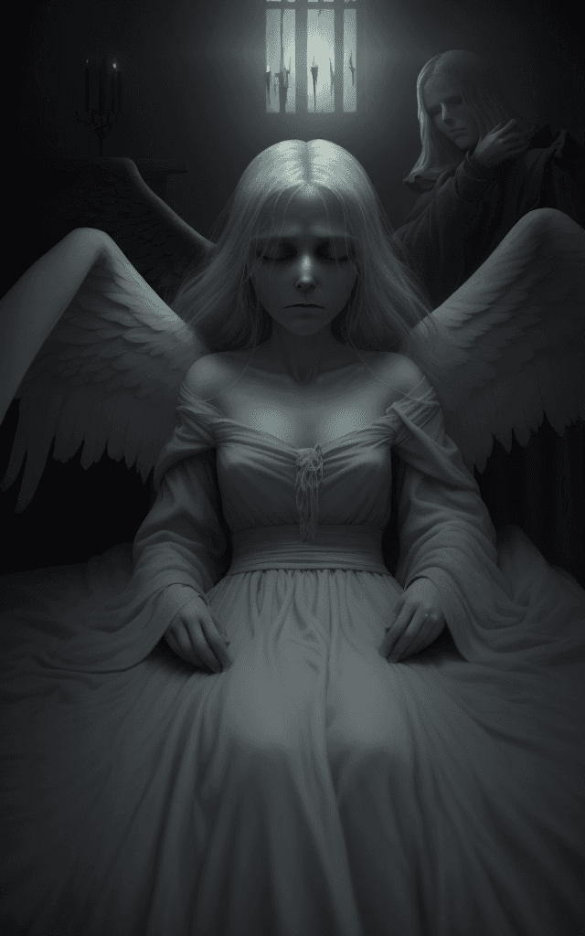AI generated: Craft a haunting scene of a person on their deathbed, enveloped in a somber atmosphere that evokes a...
