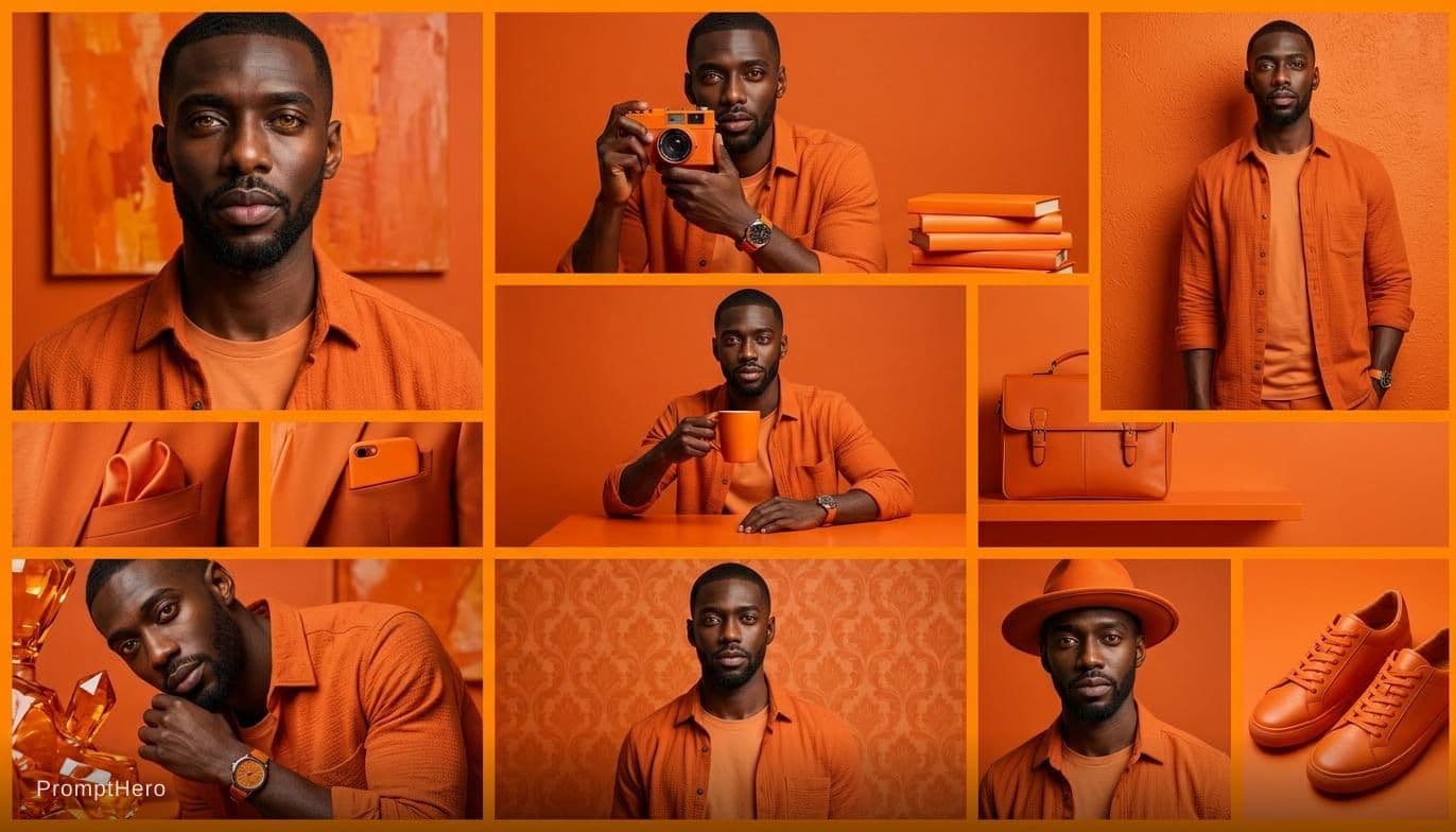 AI generated: A collage of 9 editorial-style photos with an orange color theme. The background, all objects, items...