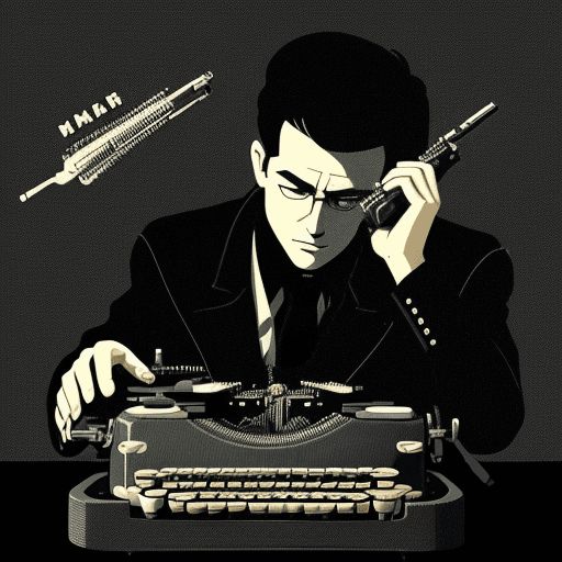 AI generated: a typewriter that is also a gun shooting a firing bullet, a man writing in a typewriter, black backg...