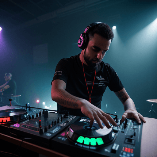 AI generated: Un dj tocando su equipo, fondo psicodelico, fotorrealista, f1.4, 4k