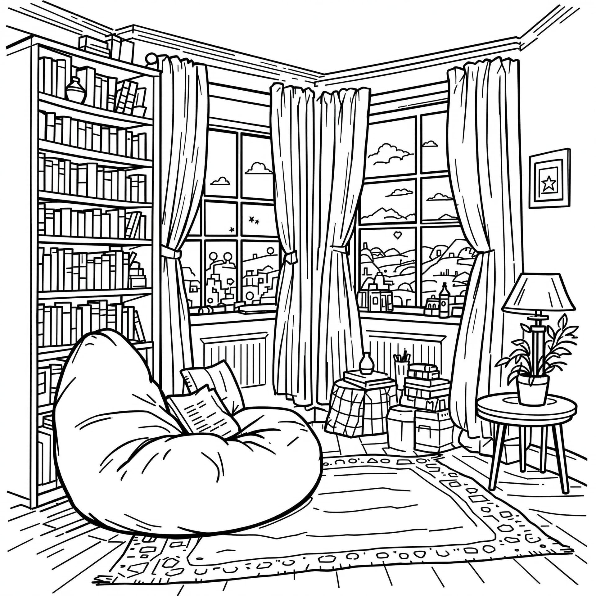 AI generated: High-resolution black-and-white line drawing of abig  cozy reading big nook: Include detailed elemen...