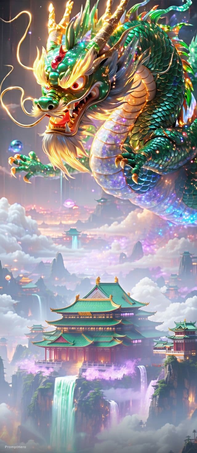 AI generated: Kyoto Animation stylized anime mixed with tradition Chinese artworks~ A dragon flying at modern cybe...