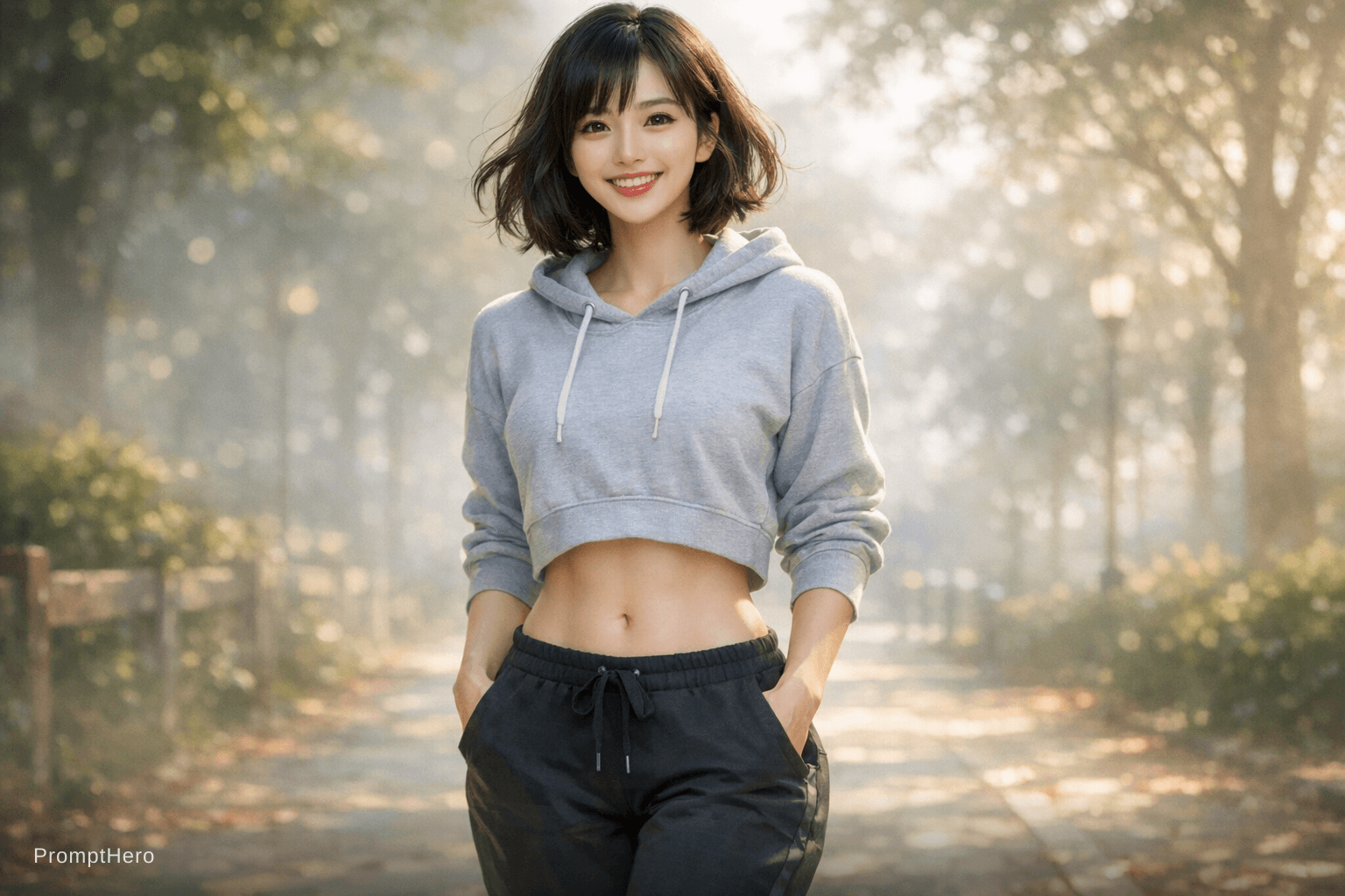 AI generated: 1 girl, beautiful Chinese girl, (Cute Loose Bob hair), (wearing a cropped hoodie, capri sweatpants:1...