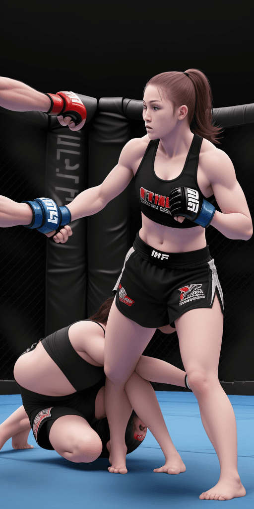 AI generated: Photo of a ultra realistic girl training MMA sport, ground triks and submission,