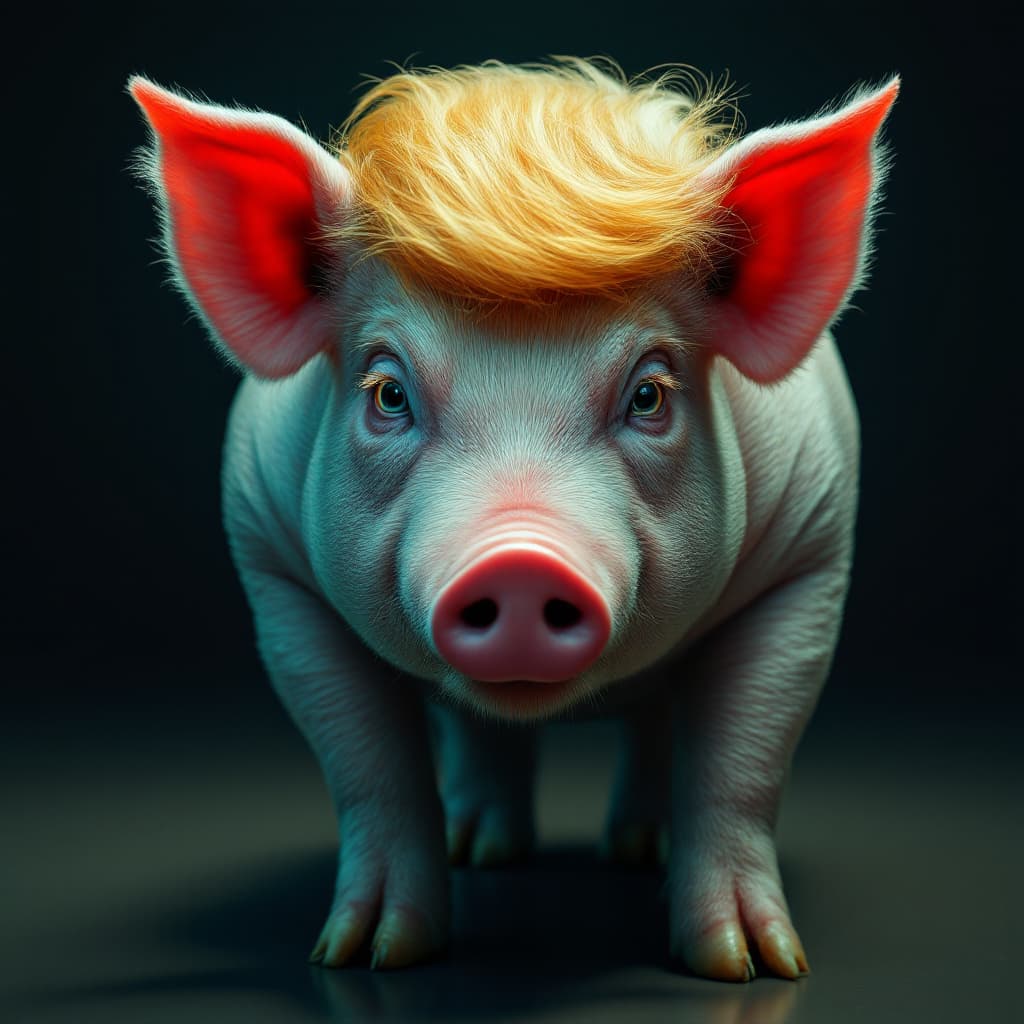 AI generated: Donald Trump's close-up portrait of his head on a fat pig walking on all 4 legs. Diapers, biolumines...