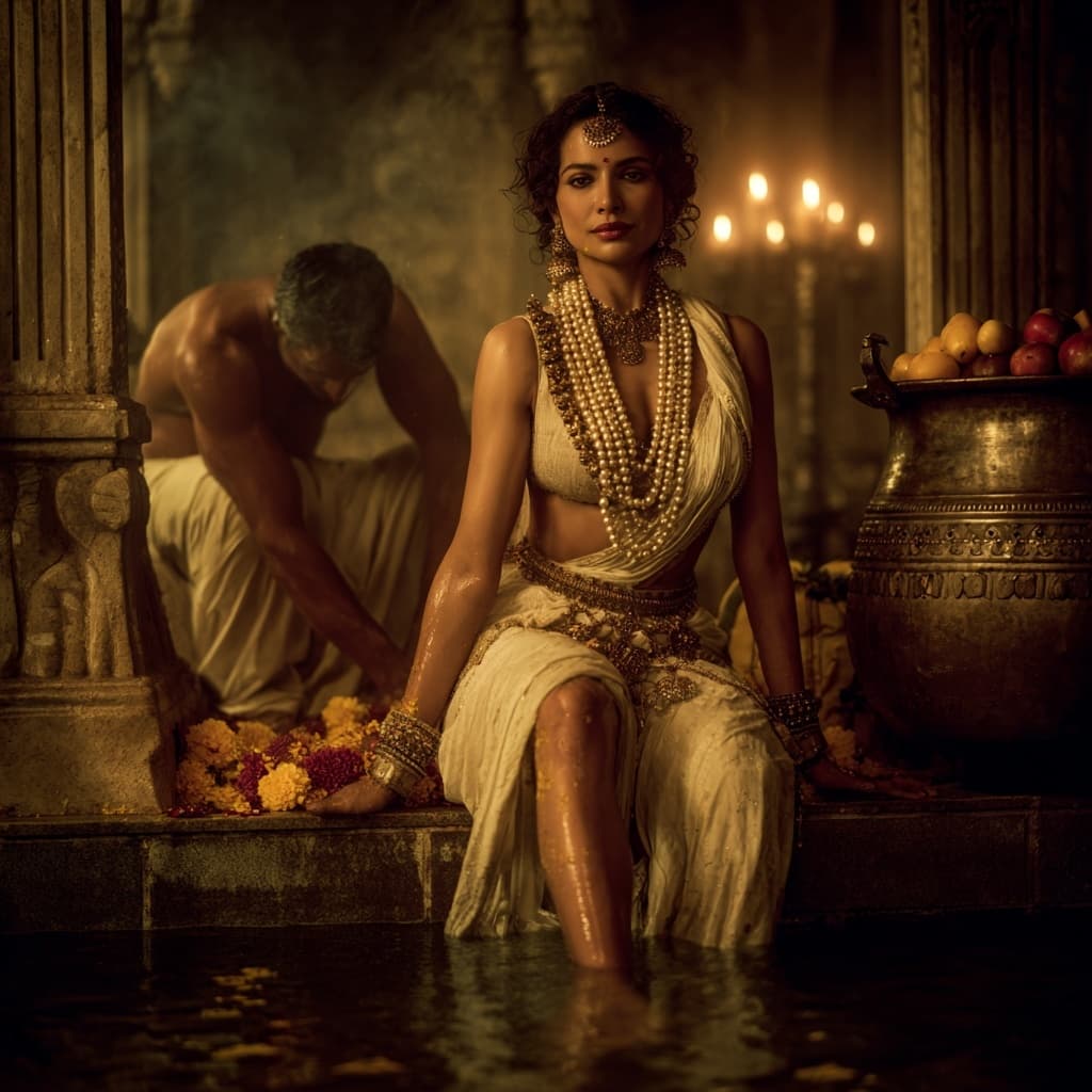 AI generated: 
A beautiful, voluptuous, curvy Indian woman sits regally in an ancient marble bathing chamber bath...