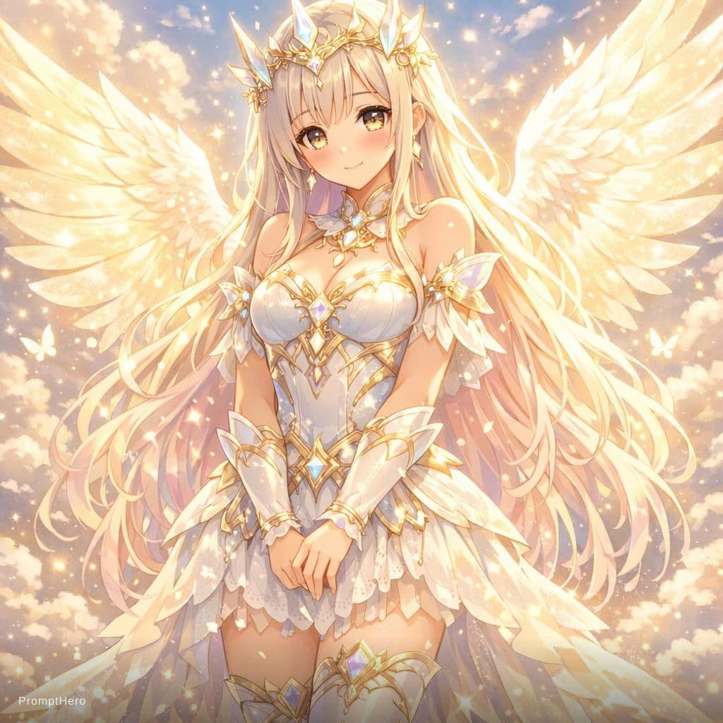 AI generated: Anime style Empress of Light, cute and gentle celestial goddess, soft smile, kind eyes, elegant and ...