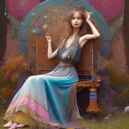 AI generated: a hyper lady with a hyper 
 beautiful face with a long multicolored
 Bohemian dress, 
 sitting on a ...