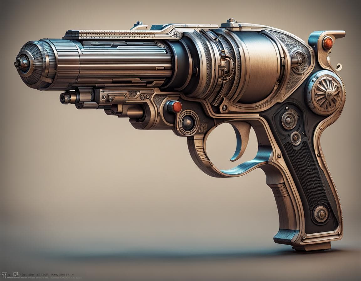 AI generated: retro futuristic detailed concept art of a Ray-Gun, Sci-Fi handgun pistol, baroque style illustratio...