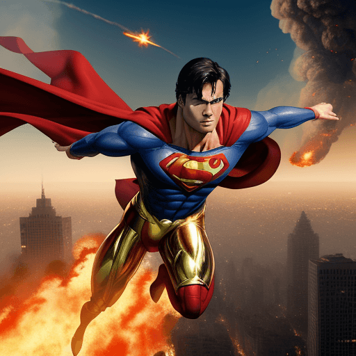 AI generated: Golden superman, flies over burning city, fighting, burning people