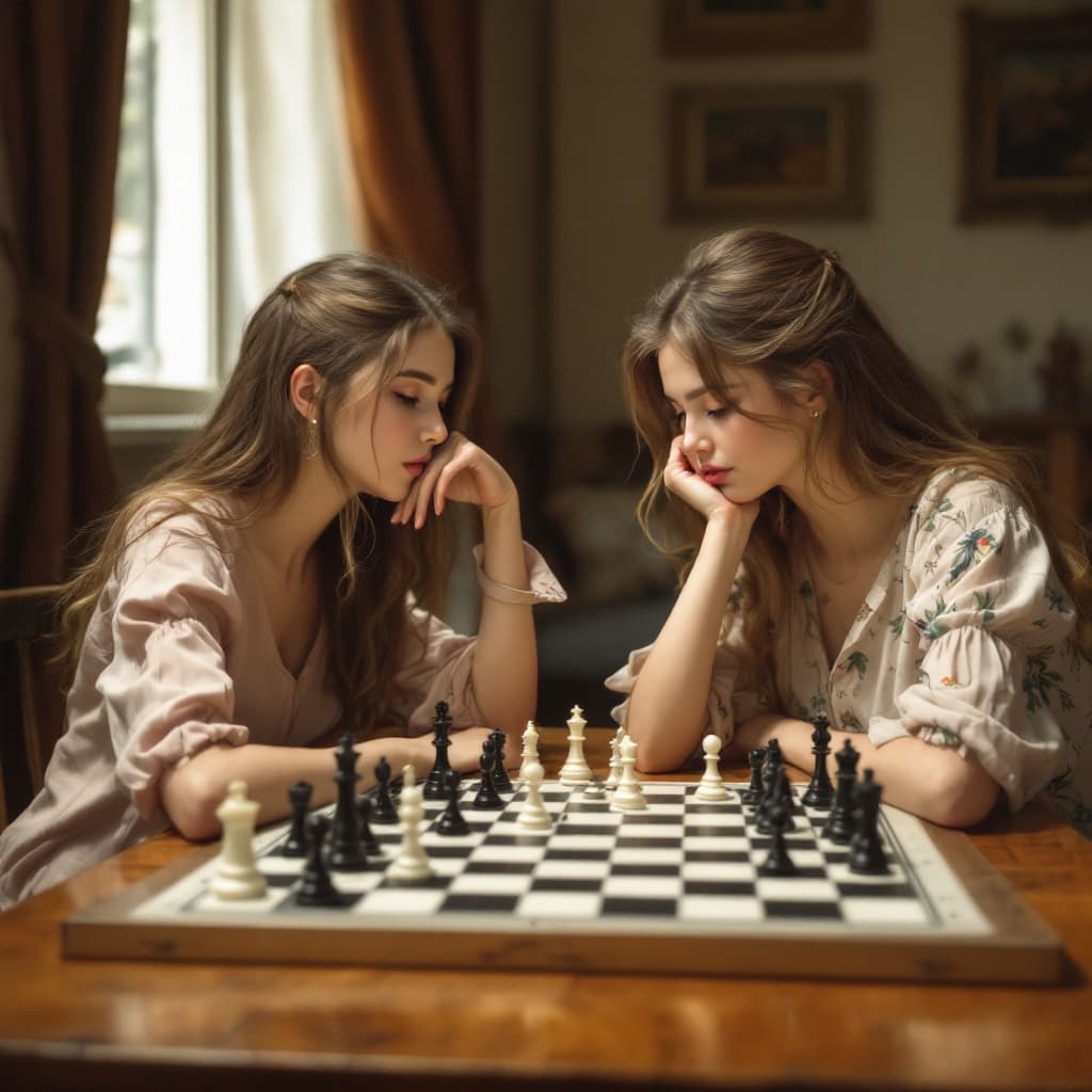 AI generated: 1girl, Masterpiece painting of two girls around the age of 30 playing in a chess tournament, indoors...