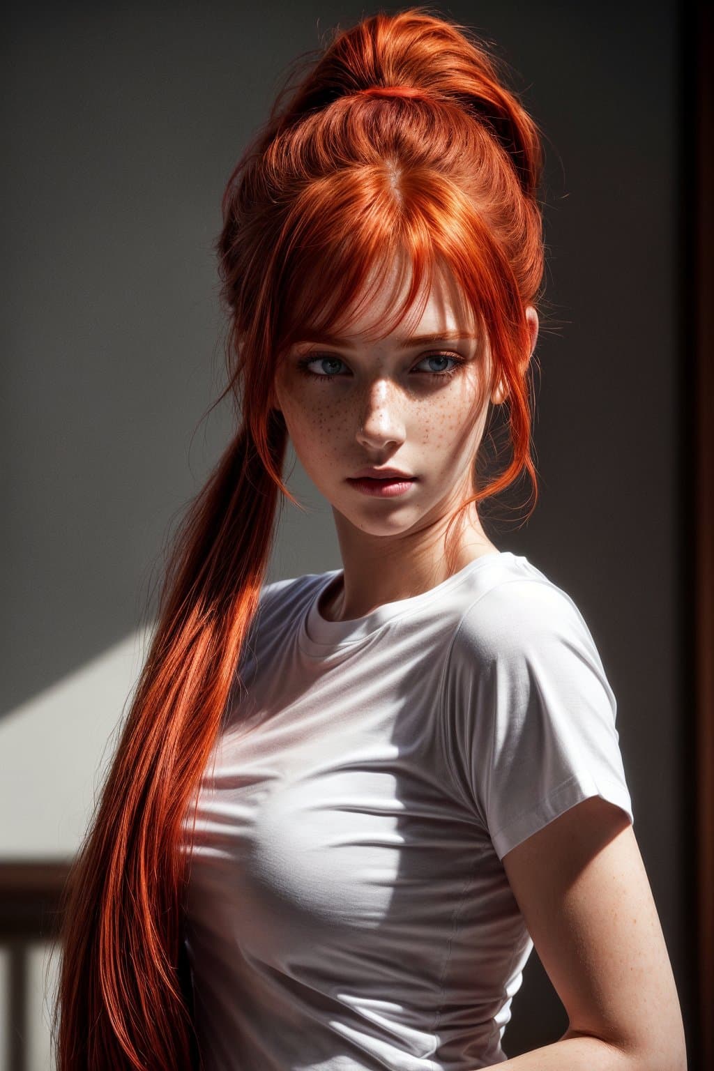 AI generated: red hair, (8k, RAW photo, highest quality), (epic realistic:1. 7), pretty girl, (detailed eyes:1. 2)...