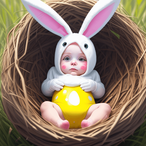 AI generated: extremely colorful painted human baby like Bux Bunny hidden as an egg in the easter nest