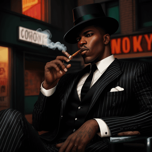 AI generated: black gangster wearing a pinstripe suit smoking a cigar, 1960's Harlem back-drop, after-hours ghetto...