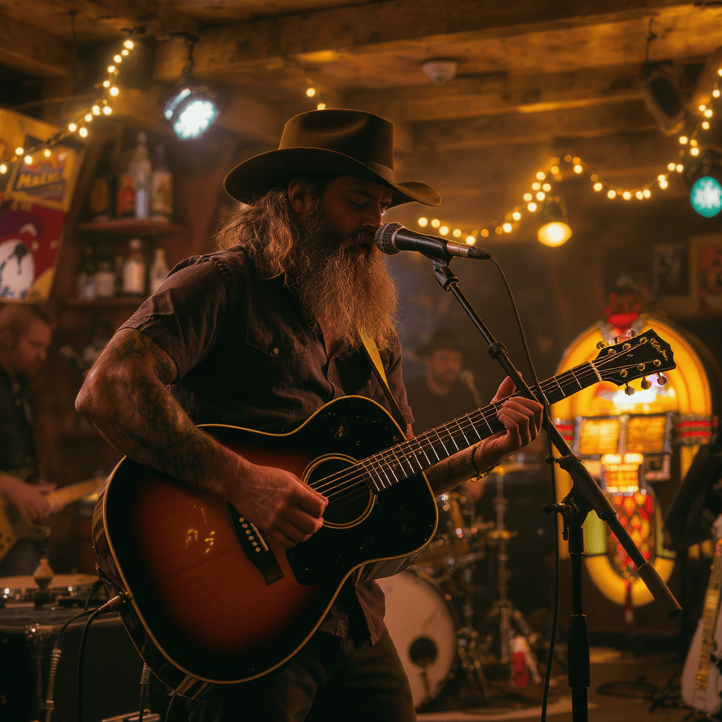 AI generated: A bearded man with long hair wearing a wide-brimmed hat playing an acoustic guitar on stage in a coz...