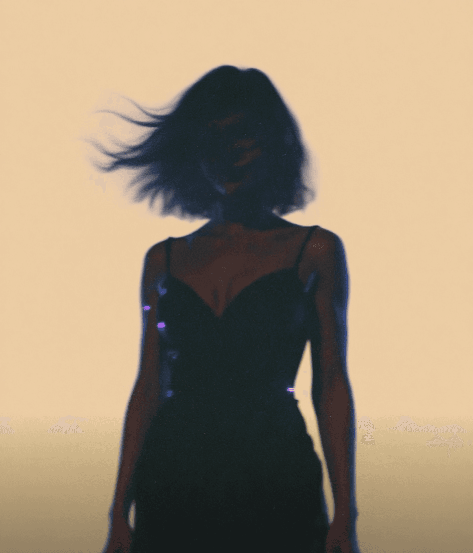 AI generated: A surreal, low-angle portrait of a woman dressed in an eveningwear , standing in a dramatic pose aga...