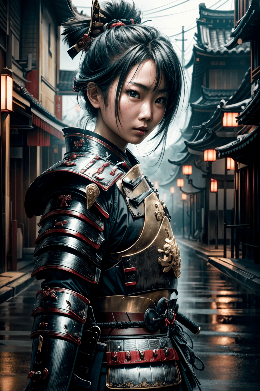 AI generated: (Asian girl wearing intricate samurai armor:1.5), dark rainy city, (dynamic pose, action scene), (lu...